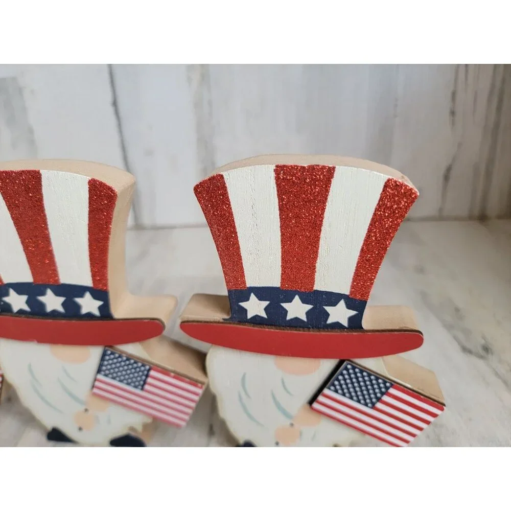 Wooden 4th of‎ July gnome glitter USA set figure decor flag